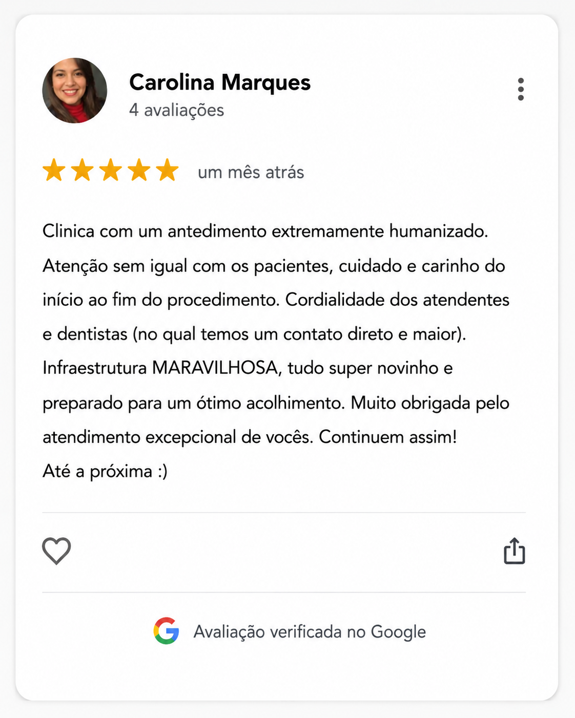 Avaliação 5 estrelas no Google — Carolina Marques sobre Costa Lima Odontologia