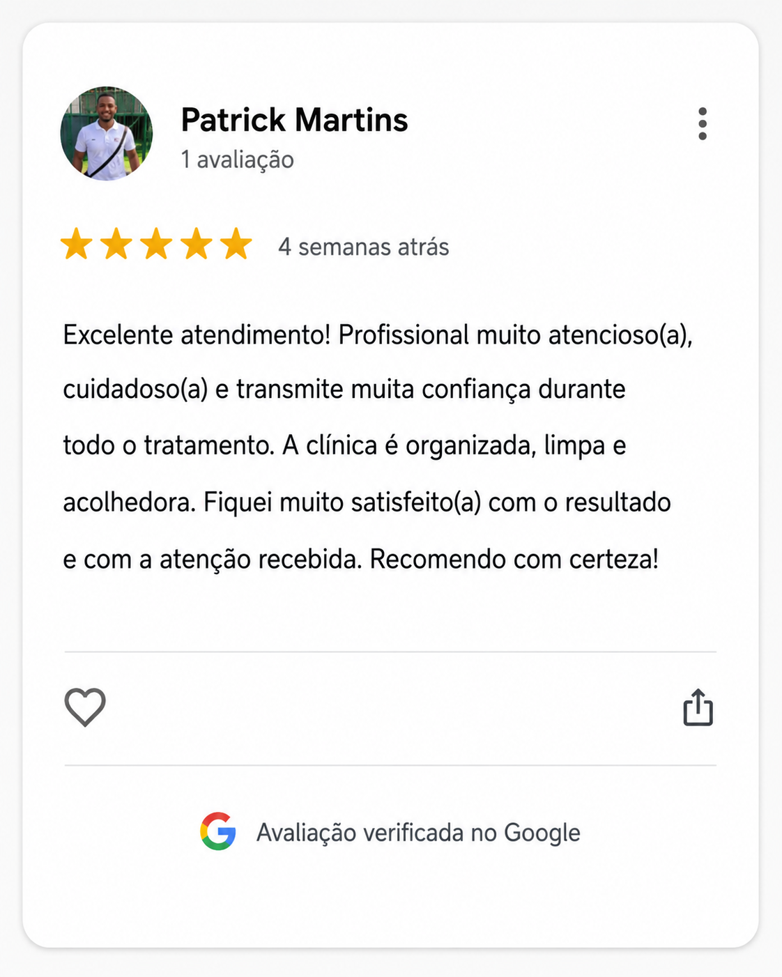 Avaliação 5 estrelas no Google — Patrick Martins sobre Costa Lima Odontologia