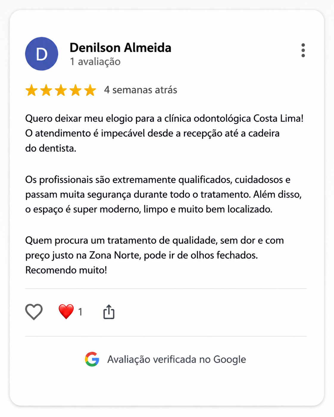 Avaliação 5 estrelas no Google — Denilson Almeida sobre Costa Lima Odontologia