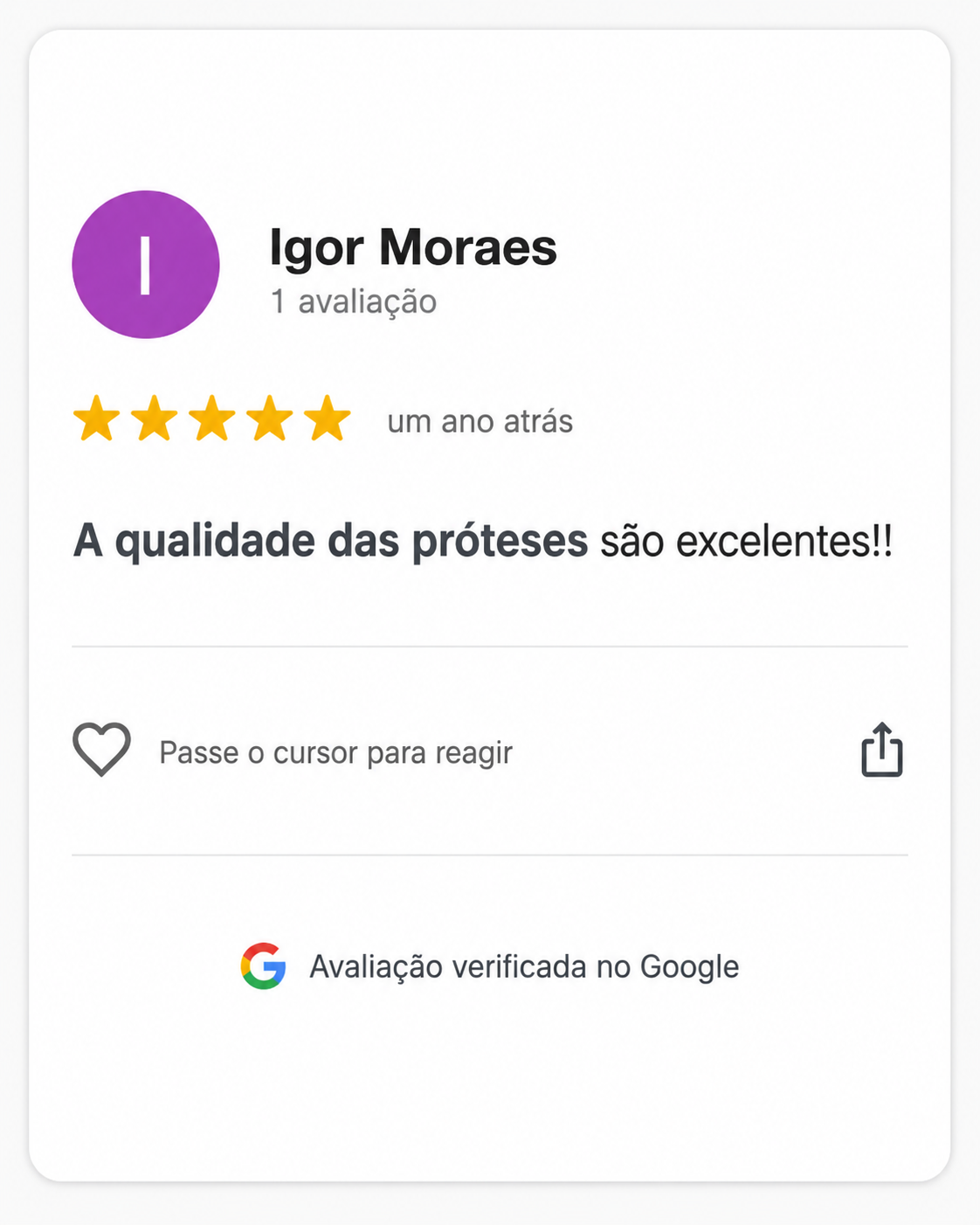 Avaliação 5 estrelas no Google — Igor Moraes sobre Costa Lima Odontologia
