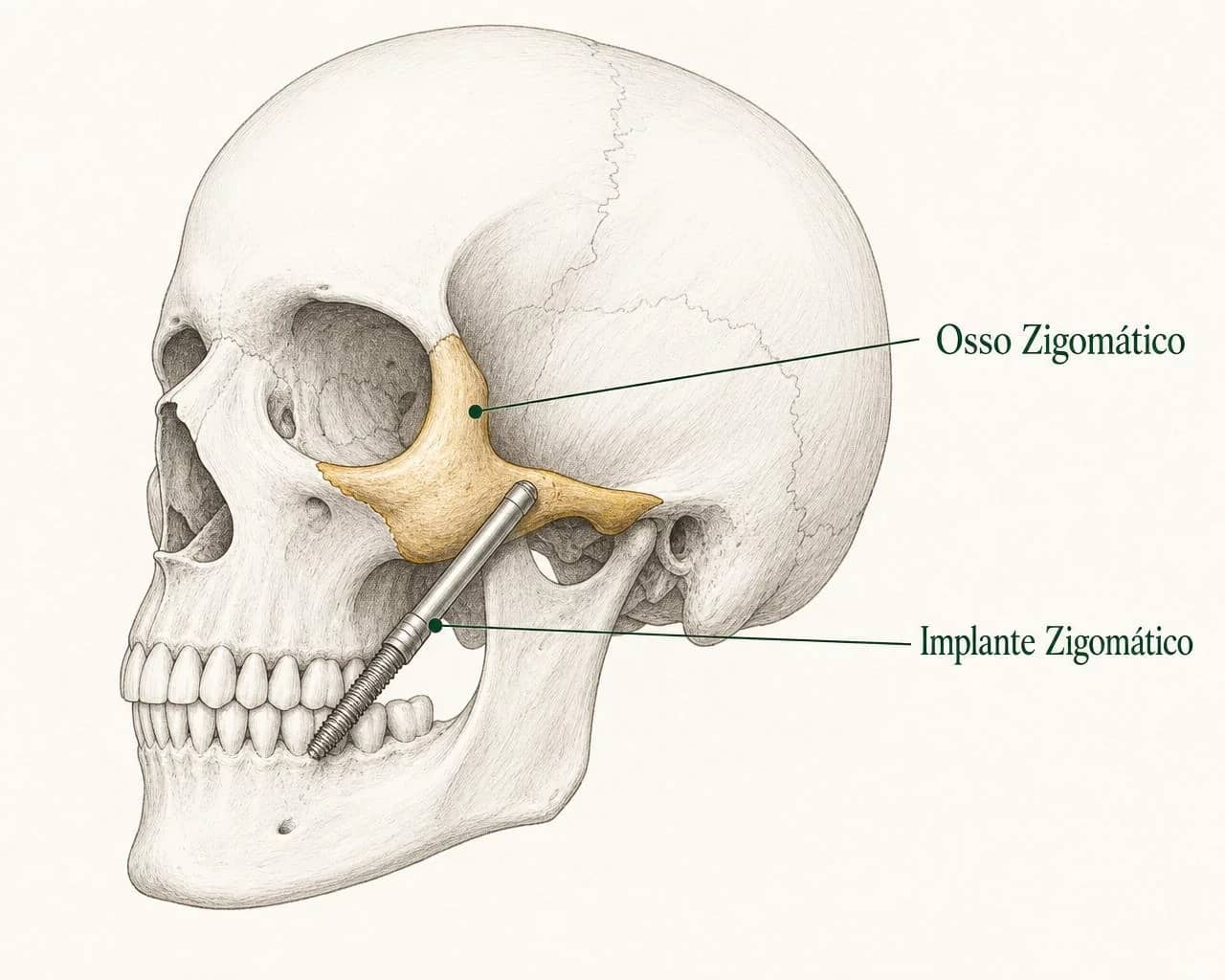 Ilustração do implante zigomático ancorado no osso zigomático (maçã do rosto), diferente do implante dentário convencional
