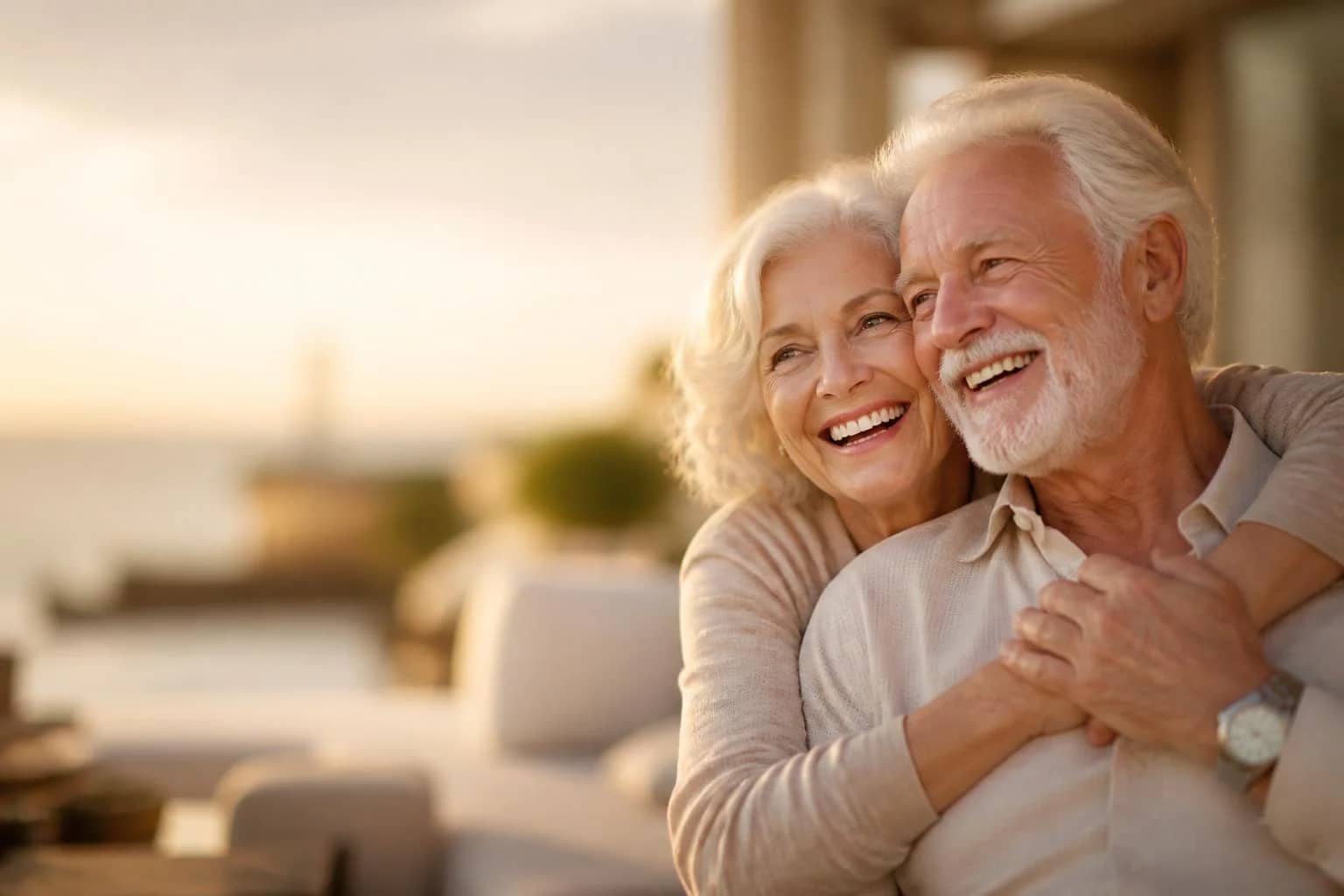 Casal sorrindo após reabilitação com implante zigomático