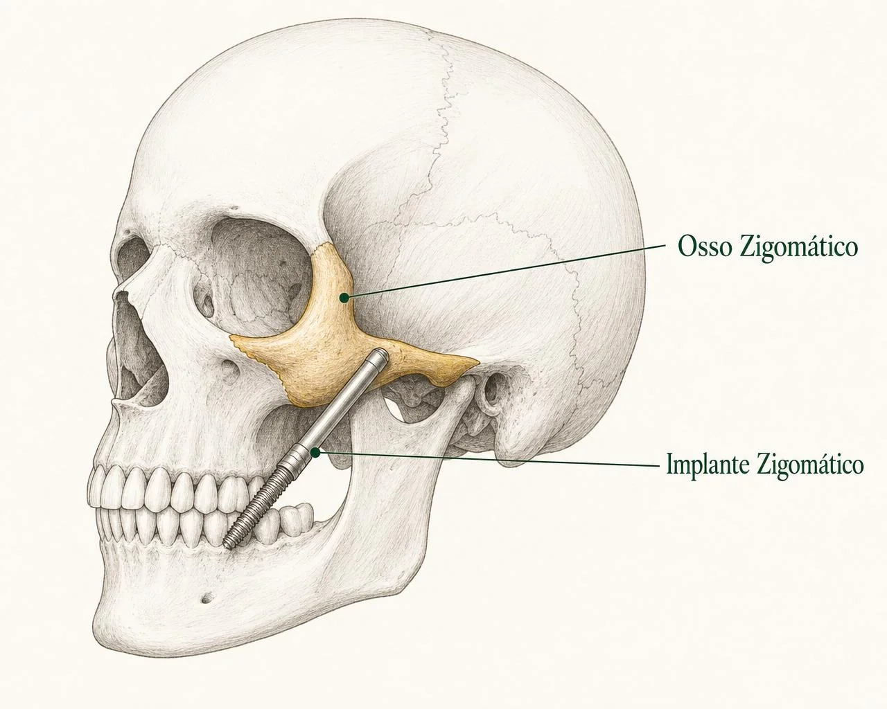 Ilustração do implante zigomático ancorado no osso zigomático (maçã do rosto), diferente do implante dentário convencional