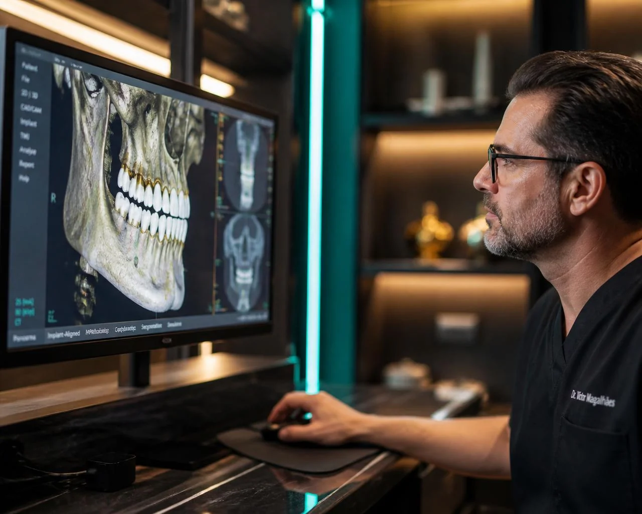 Cirurgião analisa tomografia computadorizada 3D em planejamento digital para implante zigomático
